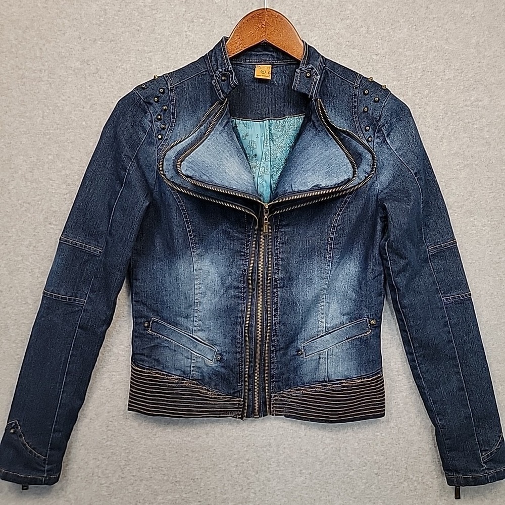Vintage Y2K JOUJOU Denim Moto Jacket Studded Zip Fitted Cropped Vtg Wash Sz S